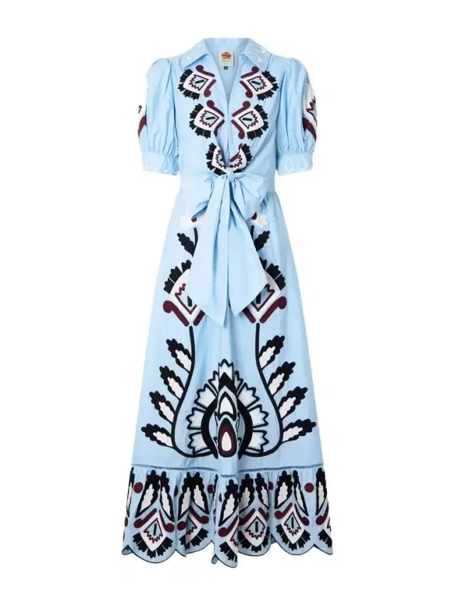 Tie-front Scalloped Appliquéd Cotton-poplin Maxi Dress