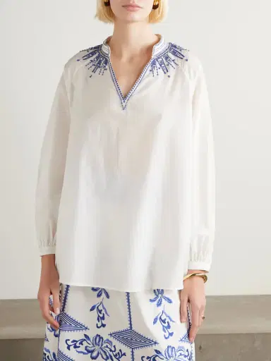 Emporio Sirenuse Ilizia Embroidered Bead-embellished Cotton And Silk-blend Blouse | Thumbnail 3 Emporio Sirenuse Ilizia Embroidered Bead-embellished Cotton And Silk-blend Blouse | Thumbnail 3