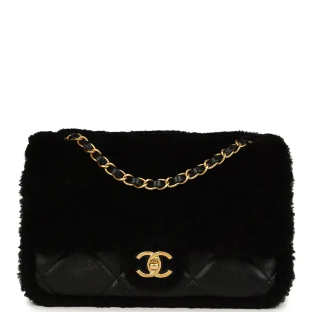 Chanel Chanel Medium Shearling Flap Bag Black Lambskin Brushed Gold Hardware