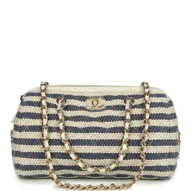Chanel Chanel Mini Timeless Classic Barrel Bag with Chain Light Beige and Dark Blue Striped Woven Fabric Light Gold Hardware | Thumbnail 1 Chanel Chanel Mini Timeless Classic Barrel Bag with Chain Light Beige and Dark Blue Striped Woven Fabric Light Gold Hardware | Thumbnail 1