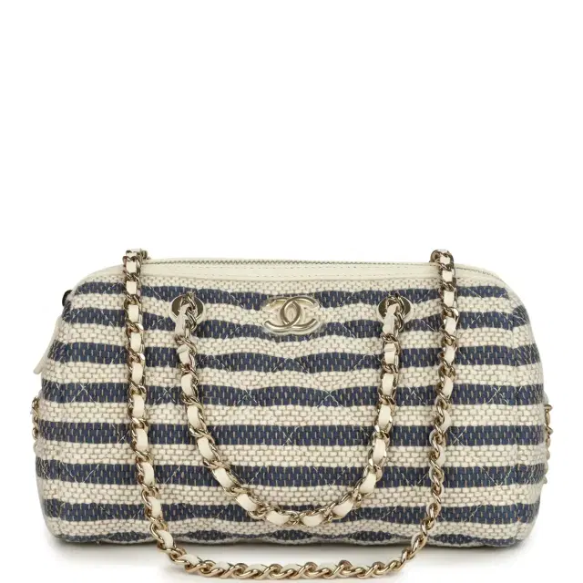 Chanel Chanel Mini Timeless Classic Barrel Bag with Chain Light Beige and Dark Blue Striped Woven Fabric Light Gold Hardware