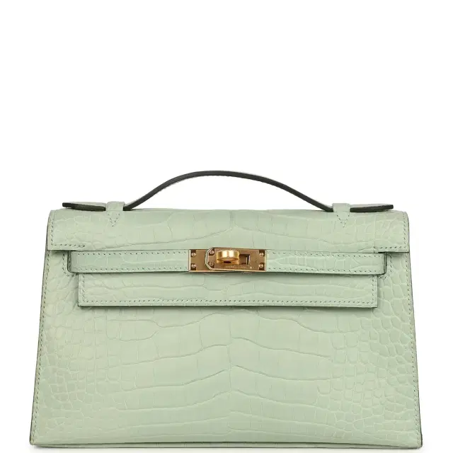 Hermes Kelly Pochette Vert D'Eau Matte Alligator Gold Hardware