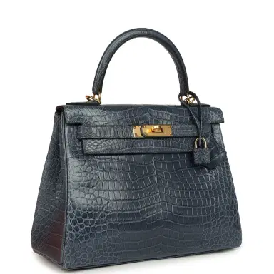 HERMÈS Hermes Kelly Retourne 28 Bleu Nuit Satin Matte Porosus Crocodile Gold Hardware | Thumbnail 2