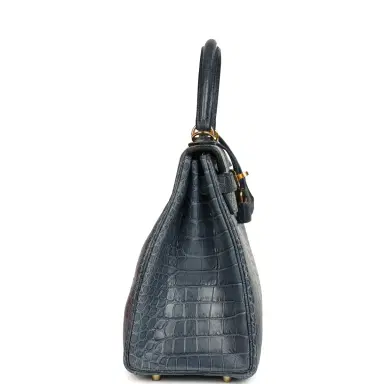 HERMÈS Hermes Kelly Retourne 28 Bleu Nuit Satin Matte Porosus Crocodile Gold Hardware | Thumbnail 3