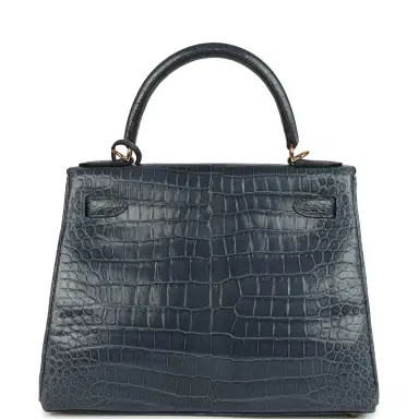 HERMÈS Hermes Kelly Retourne 28 Bleu Nuit Satin Matte Porosus Crocodile Gold Hardware | Thumbnail 4
