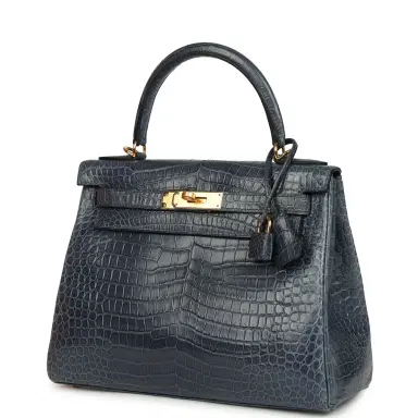 HERMÈS Hermes Kelly Retourne 28 Bleu Nuit Satin Matte Porosus Crocodile Gold Hardware | Thumbnail 5