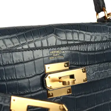 HERMÈS Hermes Kelly Retourne 28 Bleu Nuit Satin Matte Porosus Crocodile Gold Hardware | Thumbnail 7