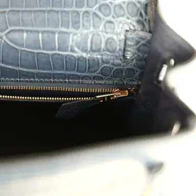 HERMÈS Hermes Kelly Retourne 28 Bleu Nuit Satin Matte Porosus Crocodile Gold Hardware | Thumbnail 9