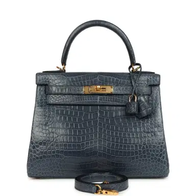 HERMÈS Hermes Kelly Retourne 28 Bleu Nuit Satin Matte Porosus Crocodile Gold Hardware | Thumbnail 1