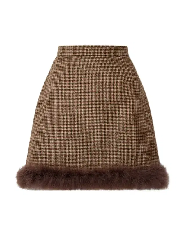 Feather-trimmed Houndstooth Wool Mini Skirt