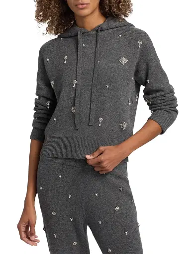SIMKHAI Women's Karmen Crystal-Embellished Wool-Blend Hooded Top - Charcoal Grey | Thumbnail 3 SIMKHAI Women's Karmen Crystal-Embellished Wool-Blend Hooded Top - Charcoal Grey | Thumbnail 3