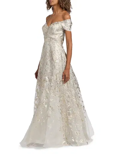 Rene Ruiz Collection Women's Off-The-Shoulder Metallic Ball Gown - Silver Gold - Size 16 | Thumbnail 2