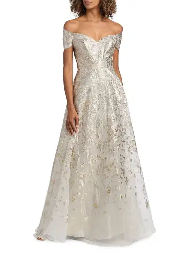 Rene Ruiz Collection Women's Off-The-Shoulder Metallic Ball Gown - Silver Gold - Size 16 | Thumbnail 3