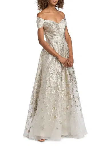 Rene Ruiz Collection Women's Off-The-Shoulder Metallic Ball Gown - Silver Gold - Size 16 | Thumbnail 4