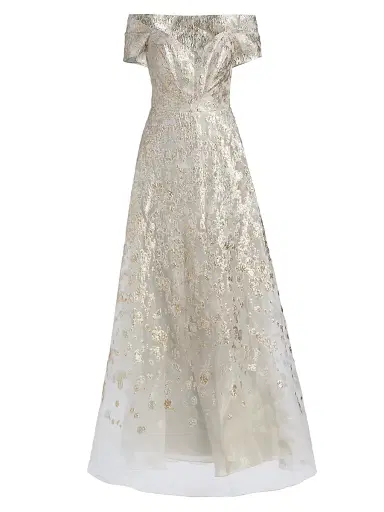 Rene Ruiz Collection Women's Off-The-Shoulder Metallic Ball Gown - Silver Gold - Size 16 | Thumbnail 1
