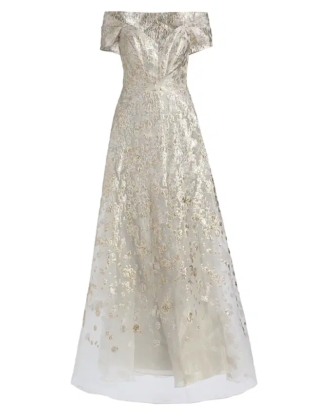 Rene Ruiz Collection Women's Off-The-Shoulder Metallic Ball Gown - Silver Gold