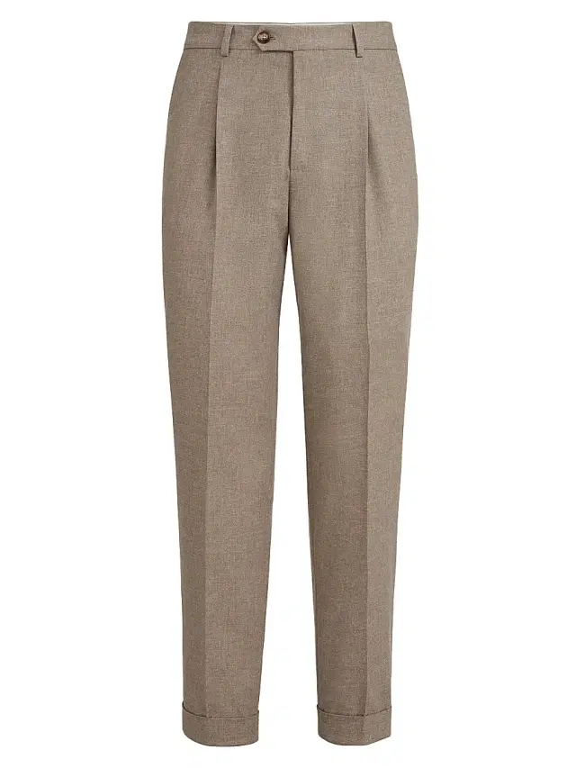 Men's Virgin Wool, Cotton and Silk Mouliné Trousers with Pleats - Light Brown