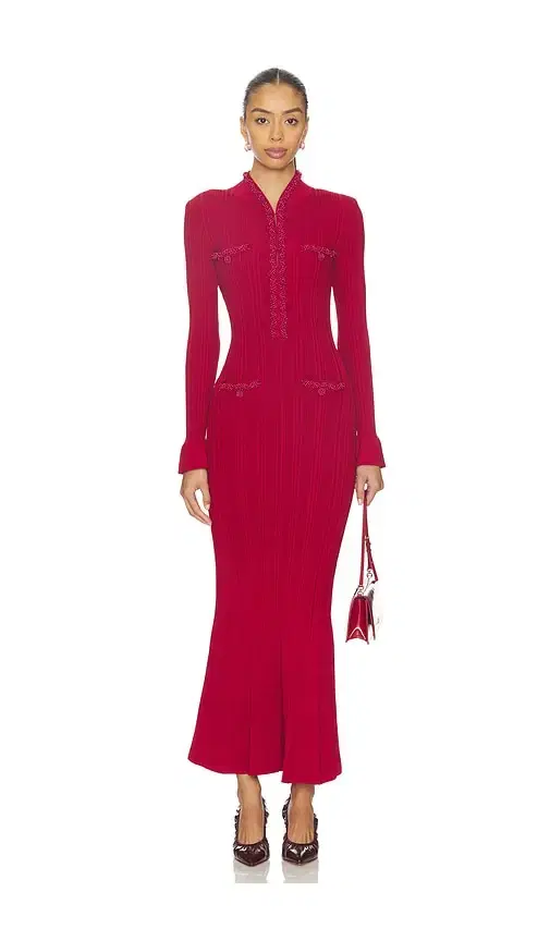 self-portrait Red Pearl Trim Knit Midi Dress