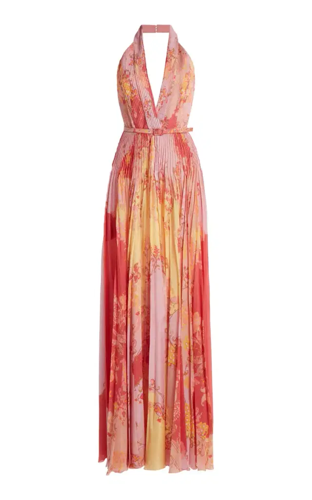 Zuhair Murad Belted Floral Plisse Maxi Dress