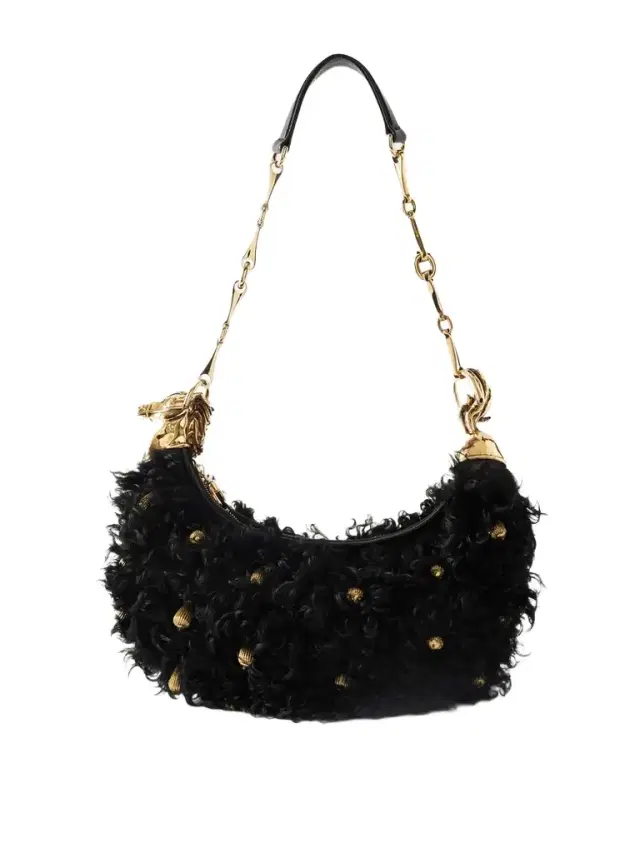Chain Horse Embellished Shearling Shoulder Bag