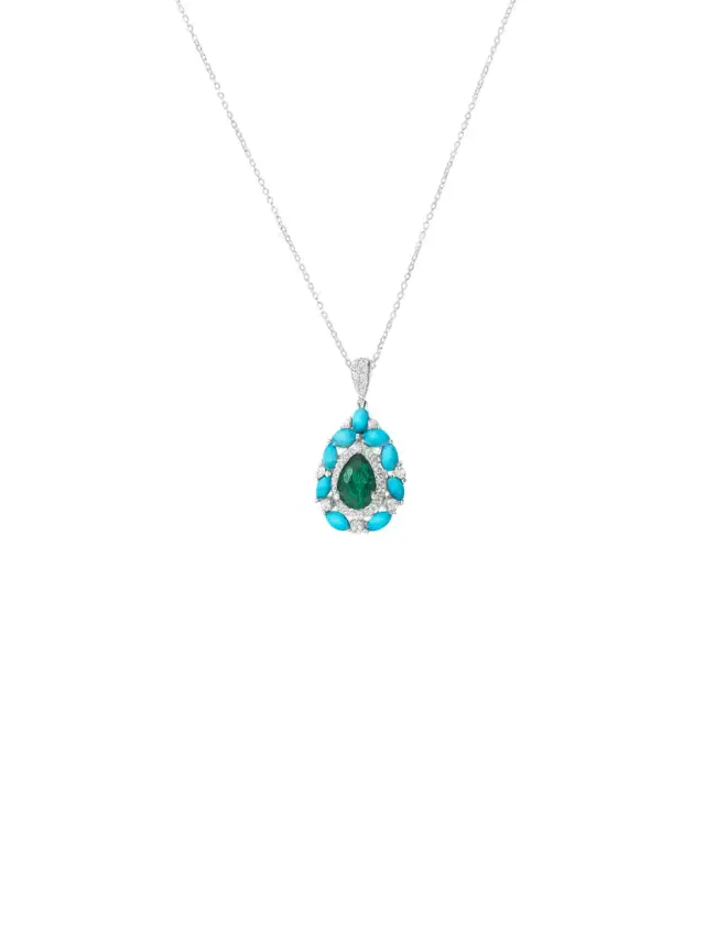 1.80ct Diamond Emerald Turquoise 18K Gold Pendant Chain Necklace