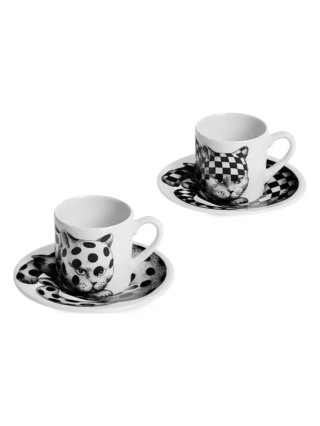 Fornasetti High Fidelity Starry 2-Piece Coffee Mug & Saucer Set - Black White