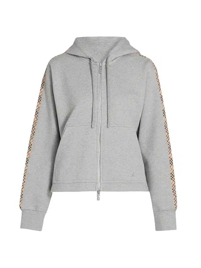 Burberry Women's Harper Check Tape Full-Zip Hoodie - Pale Grey Melange
