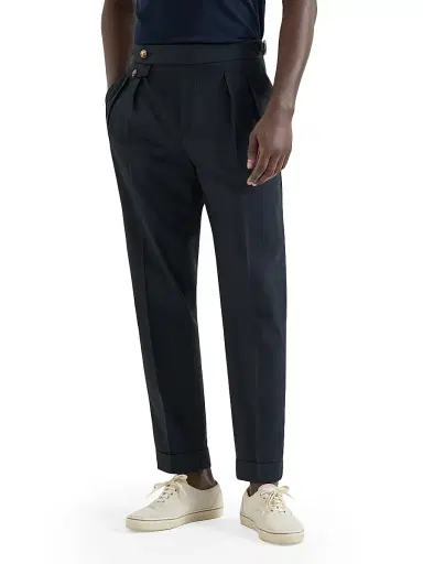 Brunello Cucinelli Men's Cotton Crêpe Batavia Trousers with Reversed Double Pleats - Navy Blue - Size 46 | Thumbnail 2