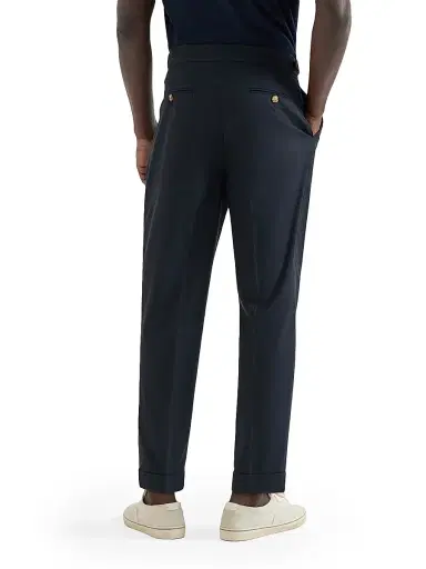 Brunello Cucinelli Men's Cotton Crêpe Batavia Trousers with Reversed Double Pleats - Navy Blue - Size 46 | Thumbnail 3