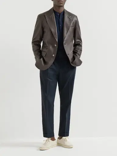 Brunello Cucinelli Men's Cotton Crêpe Batavia Trousers with Reversed Double Pleats - Navy Blue - Size 46 | Thumbnail 6