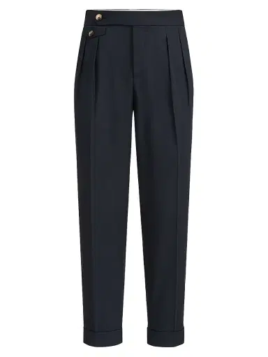 Brunello Cucinelli Men's Cotton Crêpe Batavia Trousers with Reversed Double Pleats - Navy Blue - Size 46 | Thumbnail 1