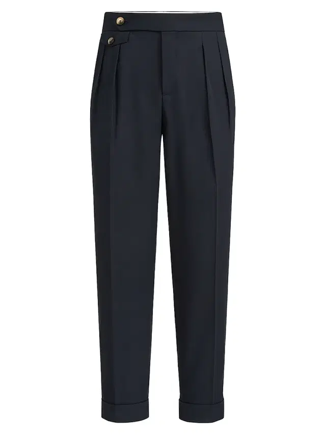 Brunello Cucinelli Men's Cotton Crêpe Batavia Trousers with Reversed Double Pleats - Navy Blue