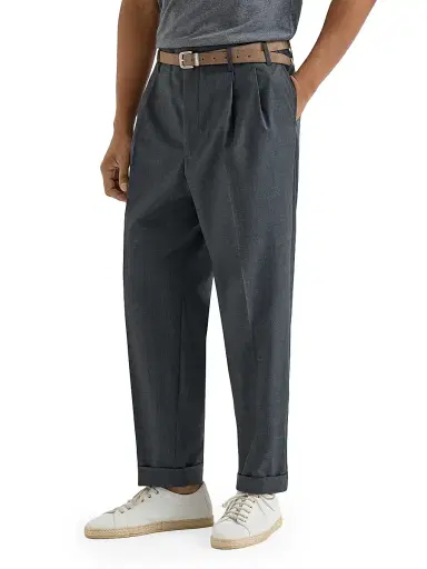 Brunello Cucinelli Men's Virgin Wool Fresco Trousers with Double Pleats - Anthracite - Size 48 | Thumbnail 2