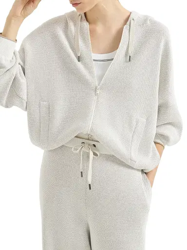 Brunello Cucinelli Women's Cotton Honeycomb Stitch Hooded Jacquard Cardigan - Panama | Thumbnail 5 Brunello Cucinelli Women's Cotton Honeycomb Stitch Hooded Jacquard Cardigan - Panama | Thumbnail 5