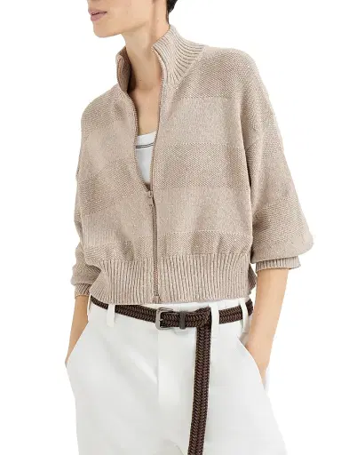 Brunello Cucinelli Women's Textured Stripe Cardigan in Cotton Diamond Yarn | Thumbnail 5 Brunello Cucinelli Women's Textured Stripe Cardigan in Cotton Diamond Yarn | Thumbnail 5