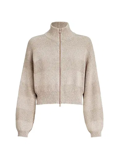 Brunello Cucinelli Women's Textured Stripe Cardigan in Cotton Diamond Yarn | Thumbnail 1 Brunello Cucinelli Women's Textured Stripe Cardigan in Cotton Diamond Yarn | Thumbnail 1