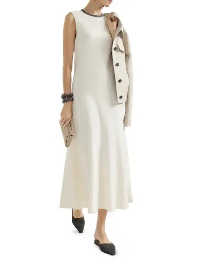 Brunello Cucinelli Women's Viscose and Linen Fluid Twill Dress with Precious Collar | Thumbnail 5 Brunello Cucinelli Women's Viscose and Linen Fluid Twill Dress with Precious Collar | Thumbnail 5
