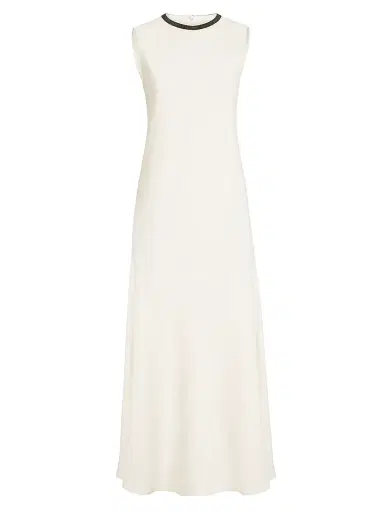 Brunello Cucinelli Women's Viscose and Linen Fluid Twill Dress with Precious Collar | Thumbnail 1 Brunello Cucinelli Women's Viscose and Linen Fluid Twill Dress with Precious Collar | Thumbnail 1