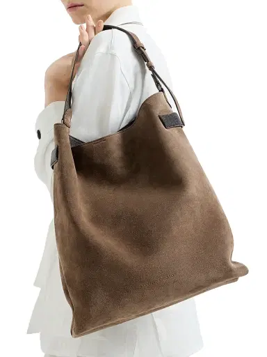 Brunello Cucinelli Women's Essence Hobo Bag in Suede with Precious Bands - Bark | Thumbnail 2 Brunello Cucinelli Women's Essence Hobo Bag in Suede with Precious Bands - Bark | Thumbnail 2
