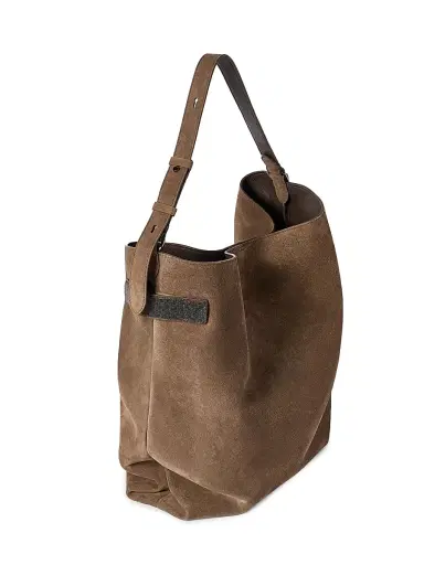 Brunello Cucinelli Women's Essence Hobo Bag in Suede with Precious Bands - Bark | Thumbnail 4 Brunello Cucinelli Women's Essence Hobo Bag in Suede with Precious Bands - Bark | Thumbnail 4