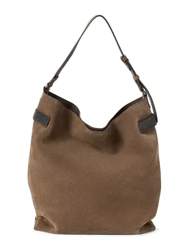 Brunello Cucinelli Women's Essence Hobo Bag in Suede with Precious Bands - Bark | Thumbnail 1 Brunello Cucinelli Women's Essence Hobo Bag in Suede with Precious Bands - Bark | Thumbnail 1