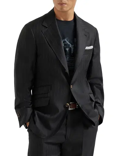Brunello Cucinelli Men's Virgin Wool Chalk Stripe Batavia Deconstructed Cavallo Blazer - Black - Size 46 | Thumbnail 1 Brunello Cucinelli Men's Virgin Wool Chalk Stripe Batavia Deconstructed Cavallo Blazer - Black - Size 46 | Thumbnail 1