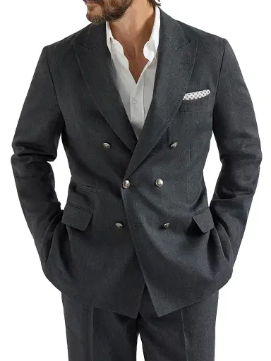 Brunello Cucinelli Men's Chevron One and a Half Breasted Deconstructed Blazer with Metal Buttons - Anthracite - Size 42 | Thumbnail 1 Brunello Cucinelli Men's Chevron One and a Half Breasted Deconstructed Blazer with Metal Buttons - Anthracite - Size 42 | Thumbnail 1