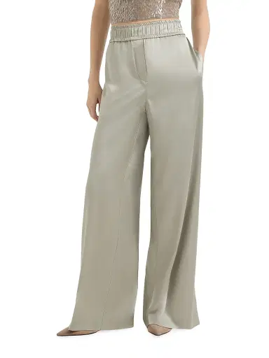Brunello Cucinelli Women's Stretch Silk Satin Track Trousers - Olive | Thumbnail 2