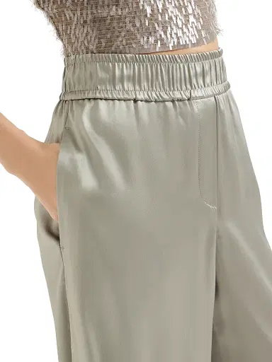 Brunello Cucinelli Women's Stretch Silk Satin Track Trousers - Olive | Thumbnail 4