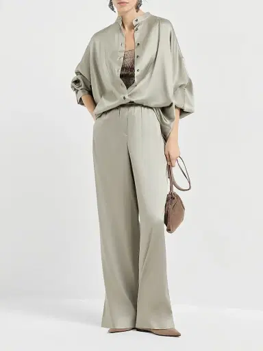 Brunello Cucinelli Women's Stretch Silk Satin Track Trousers - Olive | Thumbnail 6