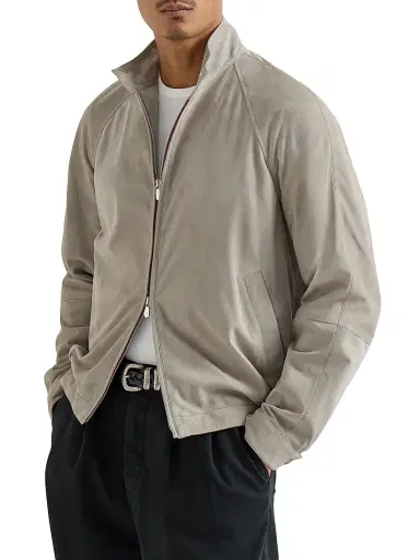 Brunello Cucinelli Men's Suede Unlined Jacket with Stand Collar - Khaki - Size XL | Thumbnail 2
