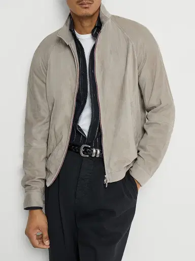 Brunello Cucinelli Men's Suede Unlined Jacket with Stand Collar - Khaki - Size XL | Thumbnail 5