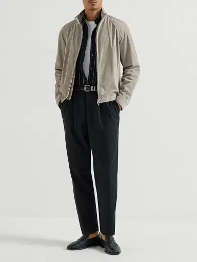 Brunello Cucinelli Men's Suede Unlined Jacket with Stand Collar - Khaki - Size XL | Thumbnail 6