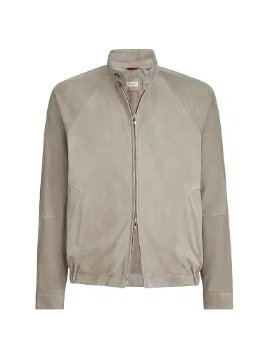 Brunello Cucinelli Men's Suede Unlined Jacket with Stand Collar - Khaki - Size XL | Thumbnail 1